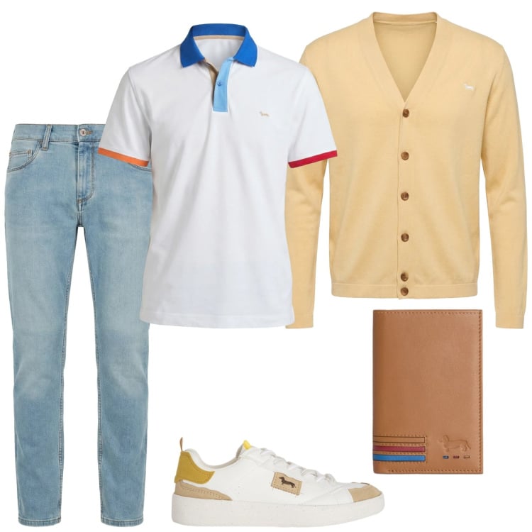 Outfit uomo - Jeans, cardigan e polo. Stile Casual per Tutti i giorni. Abbinamento con jeans slim fit, sneakers, polo, portafogli, cardigans.