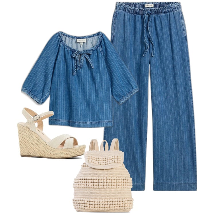 Outfit femme - Ensemble denim. Style Romantique pour Tous les jours. Assortir avec jeans, tuniques, sacs à dos, chaussures à semelle compensée.
