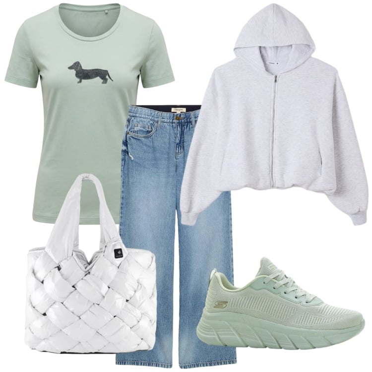 Outfit donna - Passeggiata con Bibí. Stile Urban per Tutti i giorni. Abbinamento con sneakers, jeans, t-shirt, felpe con cappuccio, borse tote.