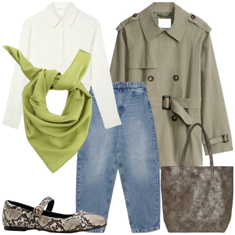 Outfit donna - Animalier LoVe. Stile Trendy per Tutti i giorni. Abbinamento con trench, ballerine, shopping bag, camicie, jeans, foulard.