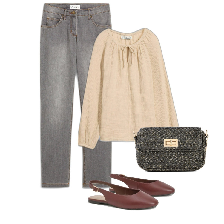 Outfit femme - Slim gris. Style Casual chic pour Tous les jours. Assortir avec tuniques, jean coupe droite, sacs en bandoulière, ballerines.