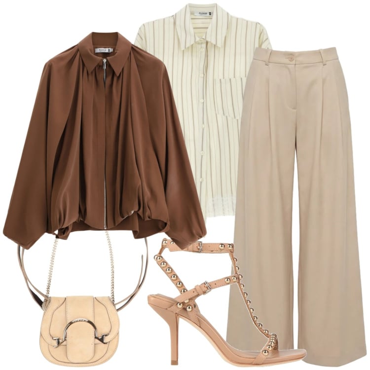Outfit donna - Invito a pranzo. Stile Casual chic per Serata fuori. Abbinamento con marsupi, sandali in pelle, pantaloni, camicie, bomber.