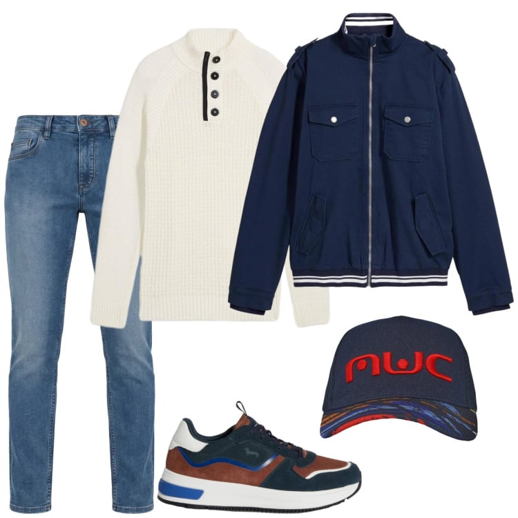 Outfit uomo - Gita fuori porta. Stile Casual per Tutti i giorni. Abbinamento con maglieria, giacche, sneakers, jeans, cappelli con visiera.