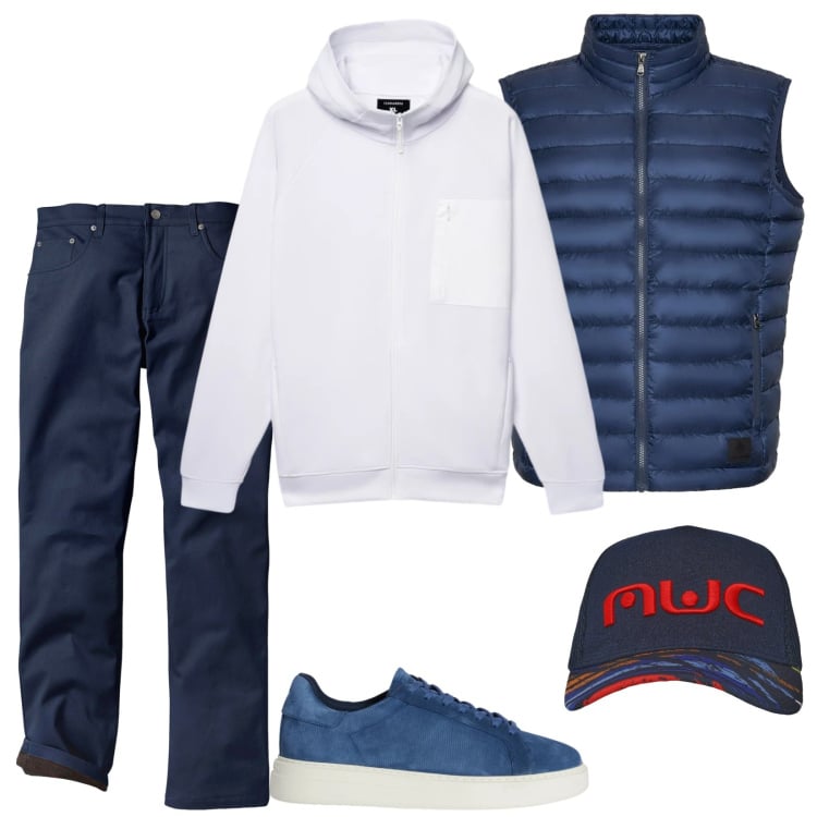 Outfit uomo - Easy. Stile Casual per Tutti i giorni. Abbinamento con pantaloni, sneakers, piumini, cappelli con visiera, felpe con cappuccio.