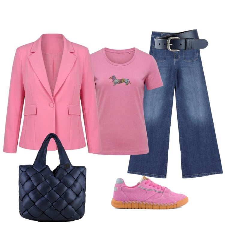 Outfit donna - Mercatino domenicale. Stile Casual chic per Tutti i giorni. Abbinamento con cinture, t-shirt, jeans, blazer, borse tote, sneakers.