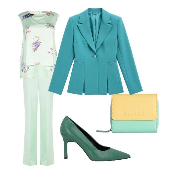 Outfit donna - acquolina. Stile Chic per Cerimonia. Abbinamento con décolleté, portafogli, blazer, top, pantaloni.