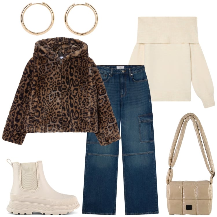 Outfit donna - Total look #2371319. Stile Casual per Tutti i giorni. Abbinamento con orecchini, jeans, maglieria, ecopellicce, borse a spalla, stivali.