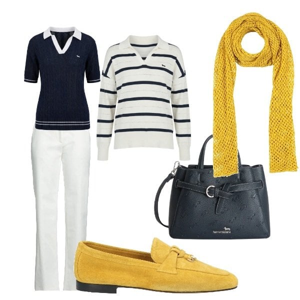 Outfit donna - colori a primavera. Stile Casual per Ufficio. Abbinamento con mocassini, sciarpe, pantaloni, maglieria, polo, borse a mano.