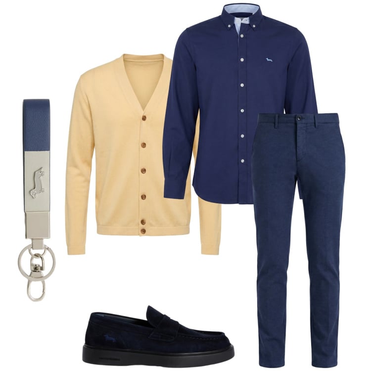 Outfit uomo - Total look #2371323. Stile Business/Elegante per Ufficio. Abbinamento con portachiavi, scarpe stringate, pantaloni chino, cardigans, camicie.