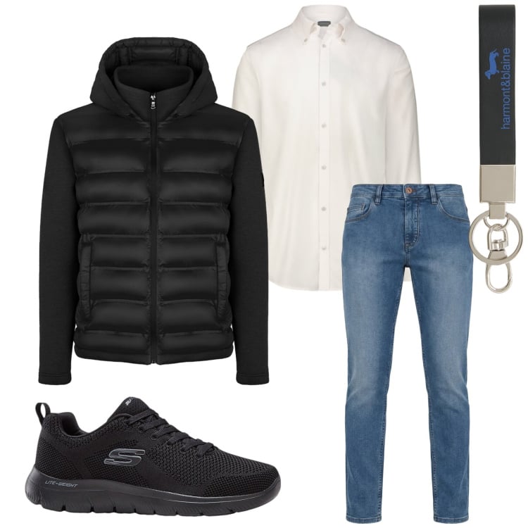 Outfit uomo - Total look #2371328. Stile Casual per Serata speciale. Abbinamento con sneakers, portachiavi, jeans, piumini, camicie.