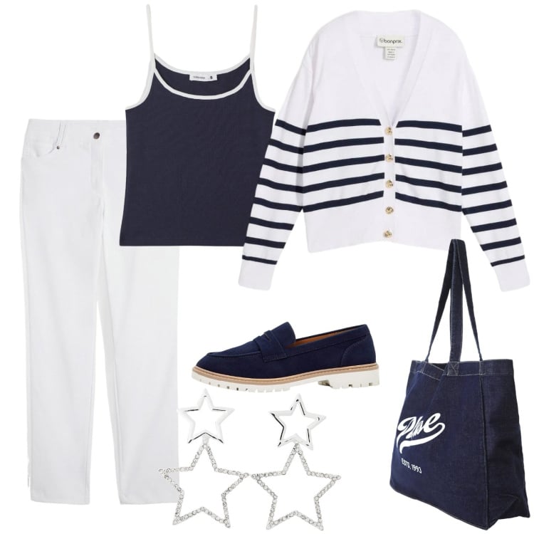Outfit donna - Passeggiata sul lungomare. Stile Casual per Mare. Abbinamento con mocassini, pantaloni, cardigans, orecchini, canottiere, shopping bag.