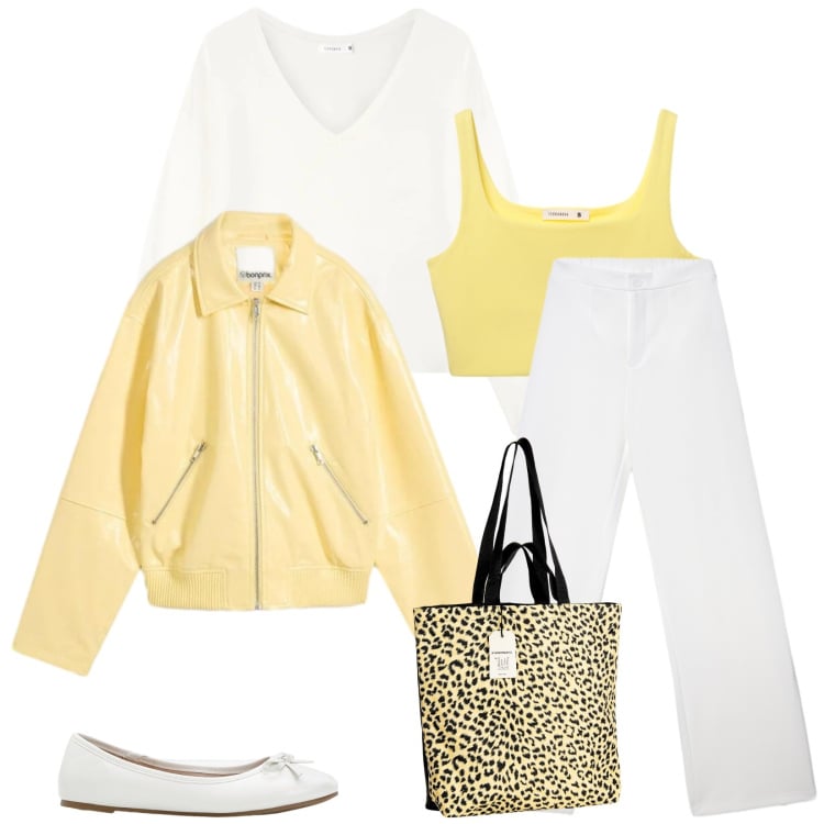 Outfit donna - Primavera in arrivo. Stile Casual chic per Tutti i giorni. Abbinamento con blazer, ballerine, maglieria, pantaloni, canottiere, borse tote.