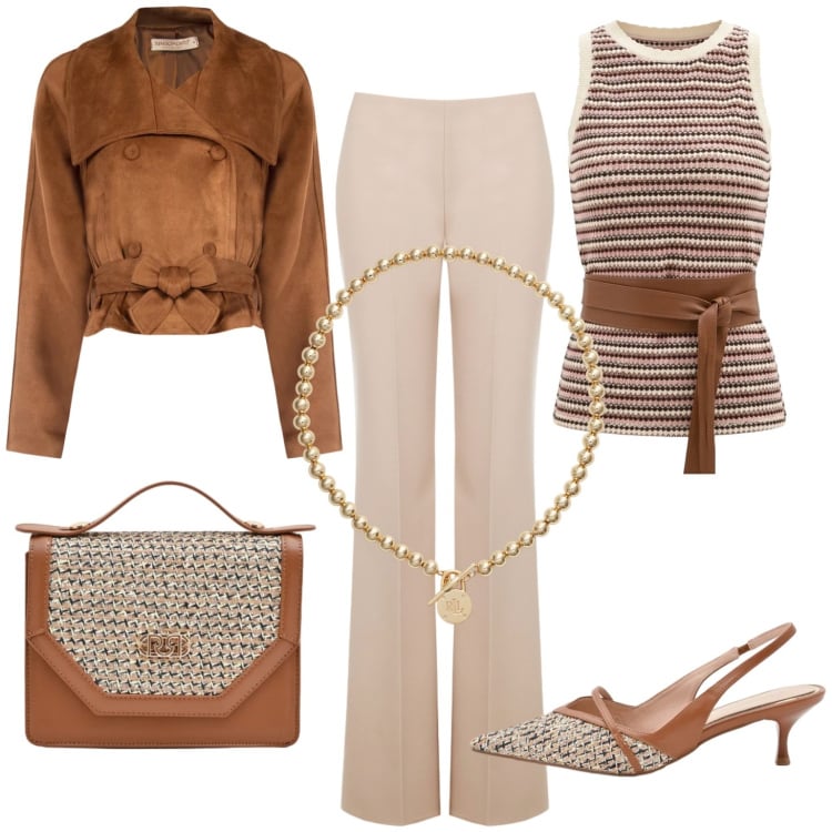 Outfit donna - In ufficio. Stile Casual chic per Ufficio. Abbinamento con pantaloni a palazzo, canottiere, pochette, décolleté, giacche, collane.