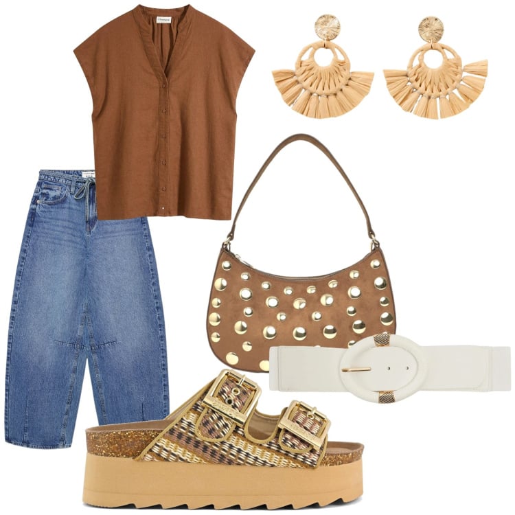Outfit donna - Mediterranean summer. Stile Boho per Serata fuori. Abbinamento con orecchini, camicie a manica corta, cinture, jeans, borse a tracolla, sandali.
