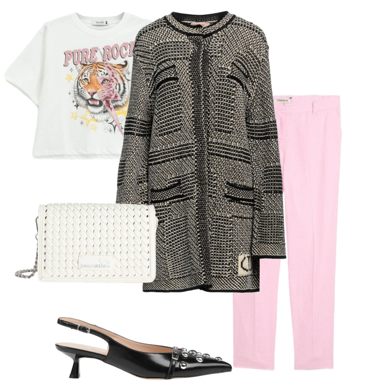 Outfit donna - A touch of pink. Stile Casual chic per Tutti i giorni. Abbinamento con décolleté, cappotti, pantaloni, borse a tracolla, t-shirt.