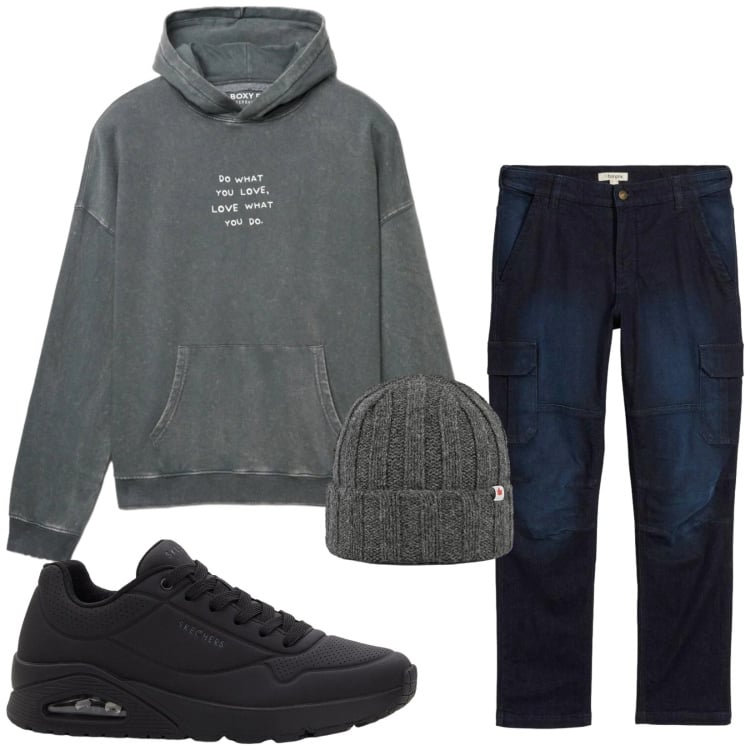 Outfit uomo - Total look #2371349. Stile Casual per Tutti i giorni. Abbinamento con sneakers, jeans dritti, berretti, felpe con cappuccio.