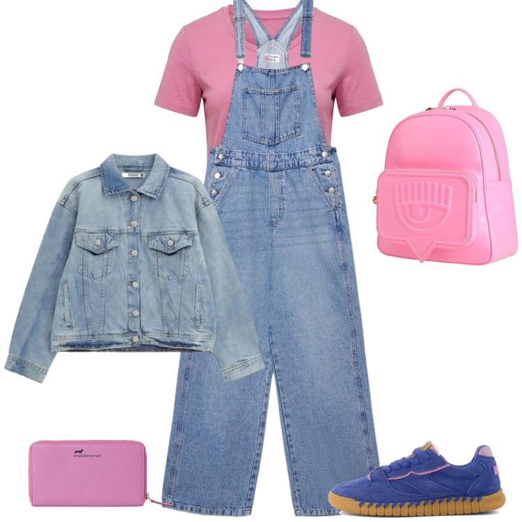 Outfit donna - Pasquetta sui prati. Stile Casual per Tutti i giorni. Abbinamento con zaini, t-shirt, portafogli, salopette, blazer, sneakers.