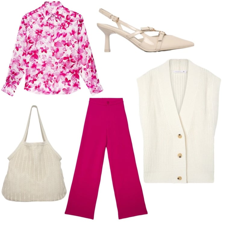 Outfit donna - Total look #2371355. Stile Casual chic per Ufficio. Abbinamento con gilet, décolleté, camicie, pantaloni, shopping bag.