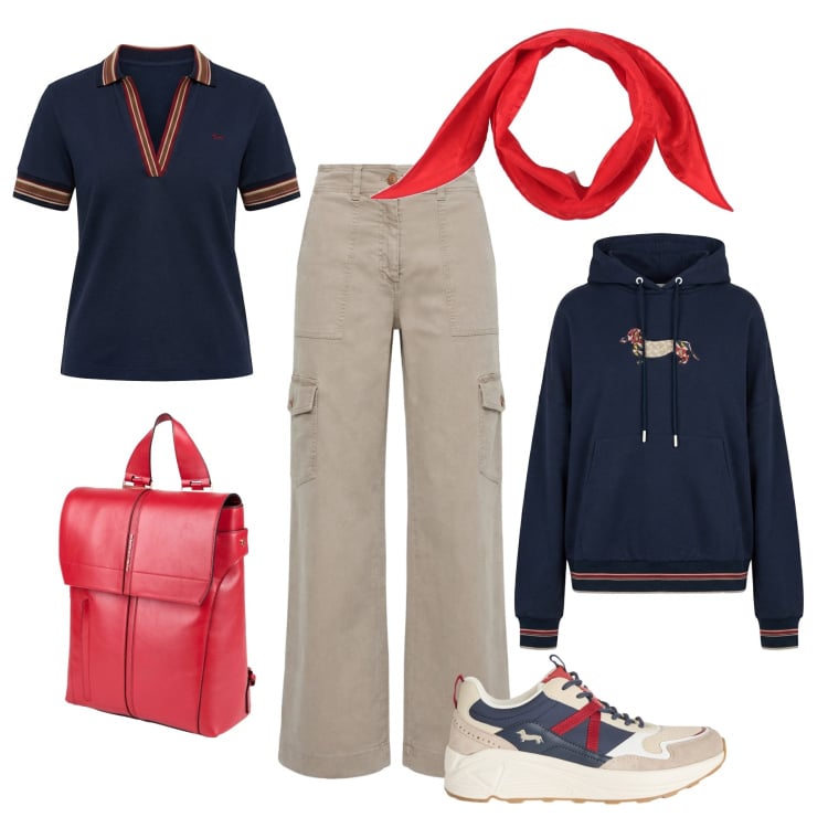 Outfit donna - Daily Harmont. Stile Casual per Tutti i giorni. Abbinamento con sciarpe, zaini, sneakers, pantaloni cargo, felpe con cappuccio, polo.