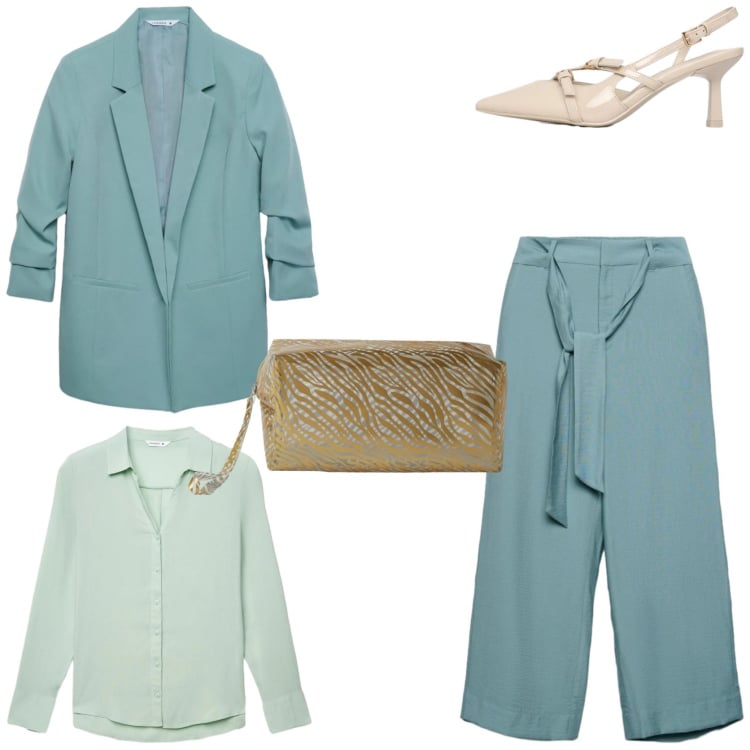 Outfit donna - Serata glamour. Stile Glamour per Serata fuori. Abbinamento con pochette, décolleté, blazer, camicie, pantaloni a palazzo.