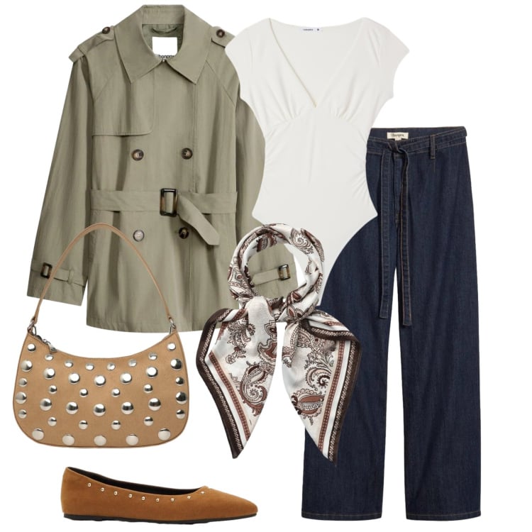Outfit donna - Everyday style. Stile Urban per Tutti i giorni. Abbinamento con jeans, ballerine, trench, foulard, borse a tracolla, top.