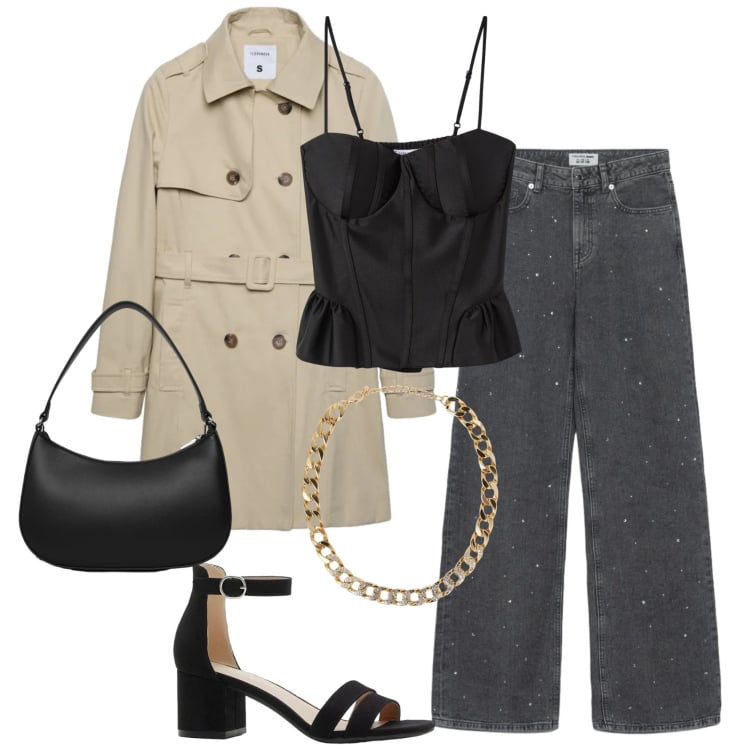 Outfit donna - Brillantini sui jeans. Stile Casual chic per Tutti i giorni. Abbinamento con sandali col tacco, collane, trench, jeans dritti, borse a tracolla, top.