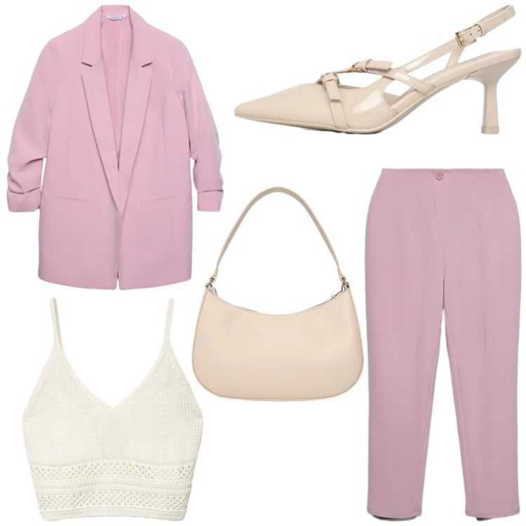 Outfit donna - Il completo primaverile must have. Stile Chic per Serata fuori. Abbinamento con décolleté, blazer, pantaloni chino, borse a tracolla, top.