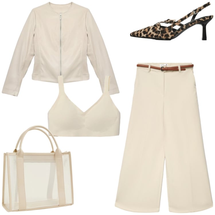 Outfit donna - Colori neutri e slingback animalier. Stile Chic per Serata fuori. Abbinamento con borse tote, bralette, décolleté, giacche, pantaloni.