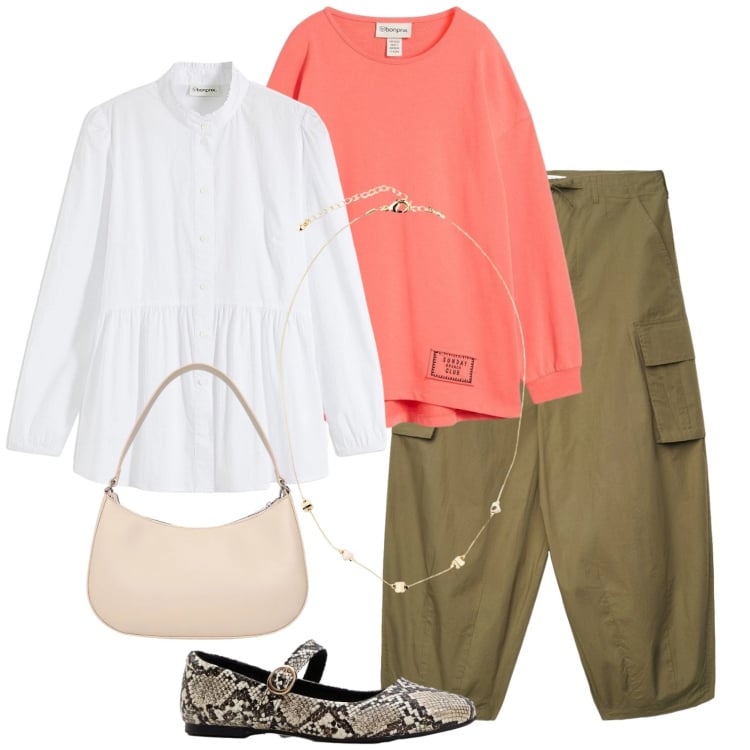 Outfit donna - Camicia romantica e felpa. Stile Casual per Tutti i giorni. Abbinamento con camicie, collane, ballerine, felpe, pantaloni cargo, borse a tracolla.