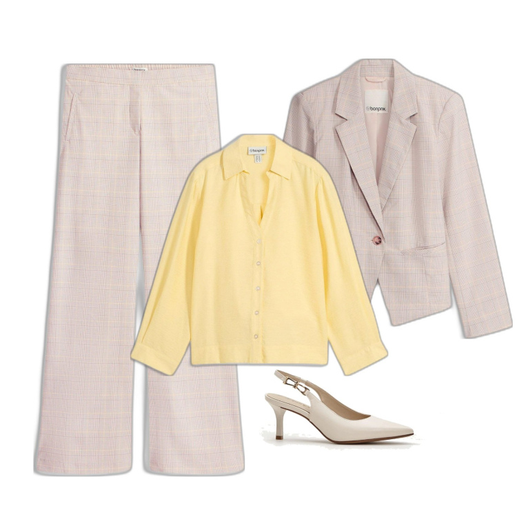 Outfit femme - Costume à carreaux. Style Vintage rétro pour Bureau. Assortir avec chemisiers, blazers, chaussures à talon, pantalon large en bas.