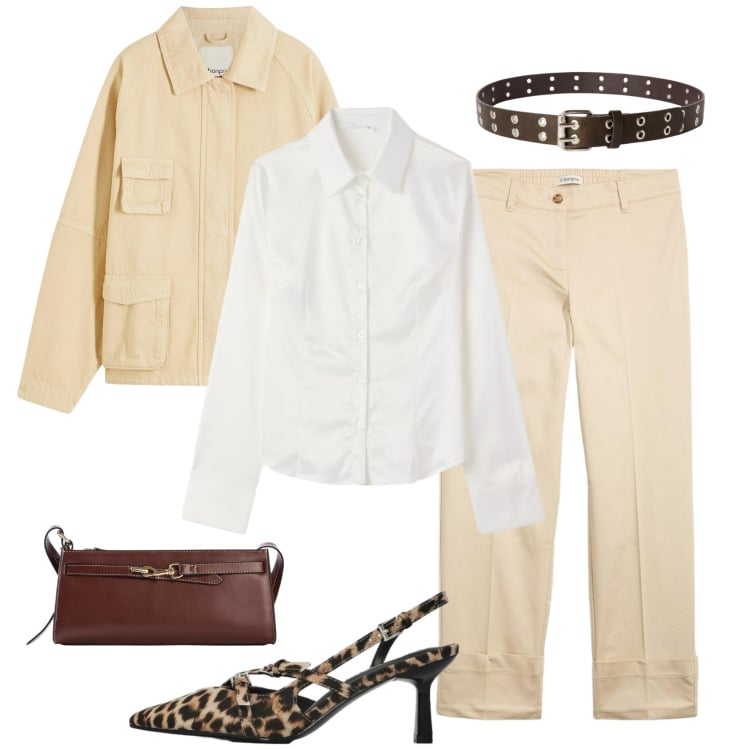 Outfit donna - Un tocco maculato. Stile Trendy per Tutti i giorni. Abbinamento con pantaloni chino, blazer, borse a tracolla, décolleté, cinture, camicie.