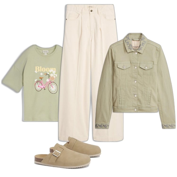 Outfit femme - Vert. Style Basique pour Tous les jours. Assortir avec t-shirts, jeans, blazers, sabots.