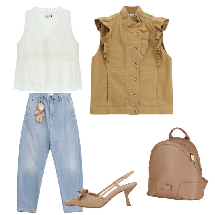 Outfit donna - Sabato italiano. per Tutti i giorni. Abbinamento con zaini, décolleté, jeans, gilet, top.