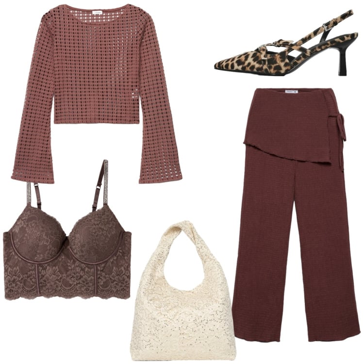 Outfit donna - Look super trendy. Stile Trendy per Serata fuori. Abbinamento con bralette, décolleté, maglieria, pantaloni, borse a spalla.