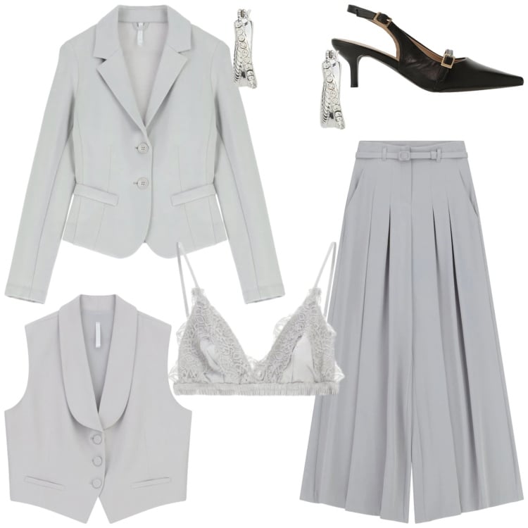 Outfit donna - Mix di grigio. Stile Chic per Tutti i giorni. Abbinamento con pantaloni a palazzo, gilet, blazer, sandali col tacco, reggiseni, orecchini.