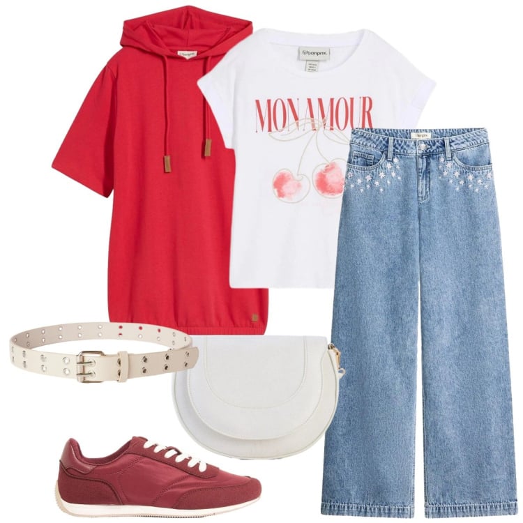 Outfit donna - La felpa rossa sporty-chic. Stile Sporty chic per Tutti i giorni. Abbinamento con t-shirt, jeans, felpe con cappuccio, sneakers, borse a tracolla, cinture.
