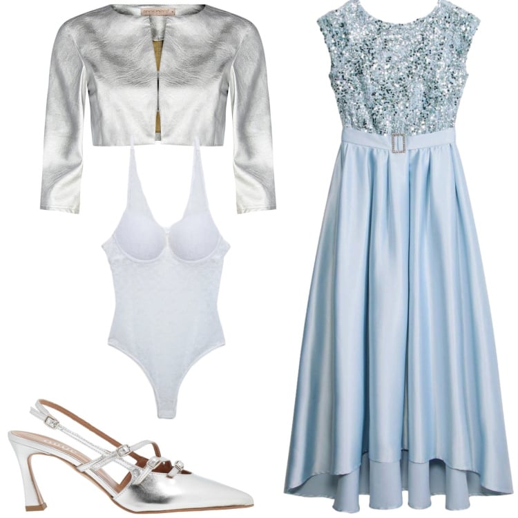 Outfit donna - L\'abito lungo da cerimonia. Stile Glamour per Cerimonia. Abbinamento con décolleté, vestiti lunghi, body, bolero.