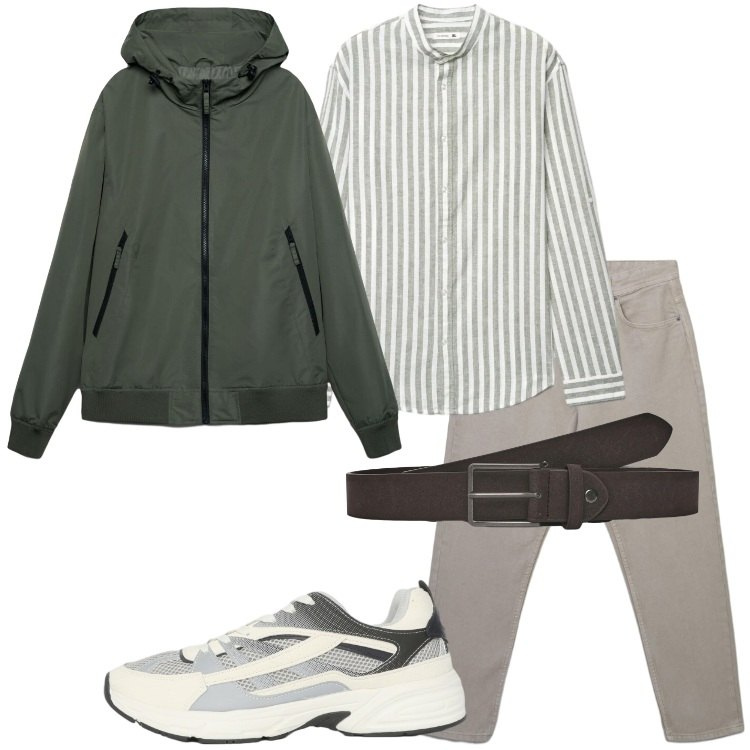 Outfit uomo - Giubbino leggero per la primavera. Stile Casual per Tutti i giorni. Abbinamento con cinture, jeans, sneakers, giacche sportive, camicie.
