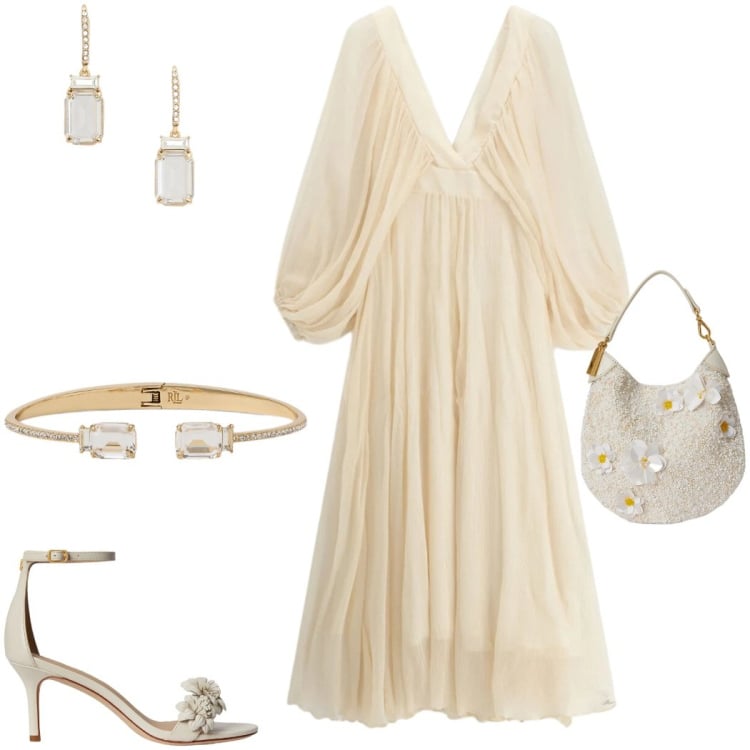 Outfit donna - Imperial new crew. Stile Chic per Cerimonia. Abbinamento con vestiti lunghi, orecchini, braccialetti, sandali in pelle, pochette.