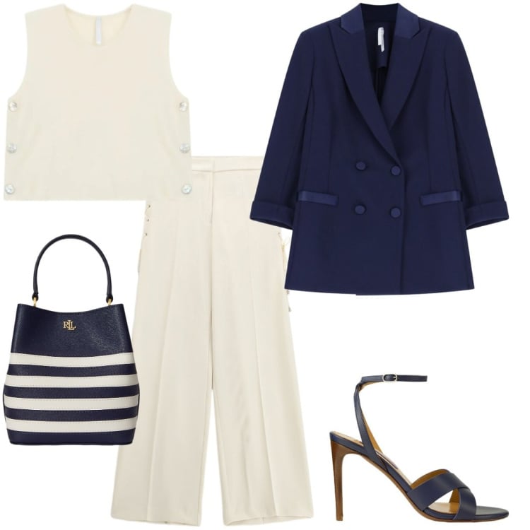 Outfit donna - New crew Imperial. Stile Etnico per Serata fuori. Abbinamento con blazer, top, pantaloni, borse a secchiello, sandali col tacco.