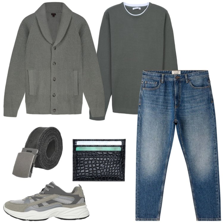 Outfit uomo - Il cardigan maschile. Stile Casual per Tutti i giorni. Abbinamento con sneakers, cinture, jeans, maglieria, portafogli, cardigans.