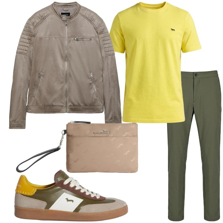 Outfit uomo - Giubbotto biker sabbia. Stile Urban per Tutti i giorni. Abbinamento con t-shirt, borse sportive, sneakers, pantaloni, giacche.