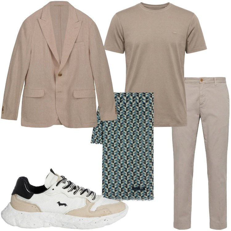 Outfit uomo - Total look di primavera. Stile Urban per Ufficio. Abbinamento con sciarpe, pantaloni chino, sneakers, t-shirt, giacche.