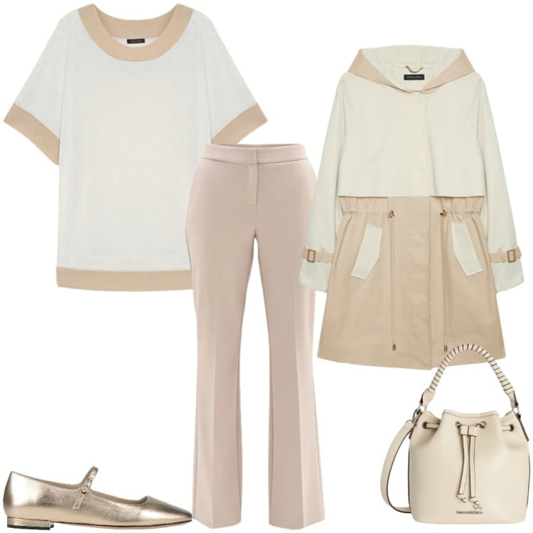 Outfit donna - Stile primaverile curvy. Stile Urban per Tutti i giorni. Abbinamento con ballerine, t-shirt, trench, borse a secchiello, pantaloni.