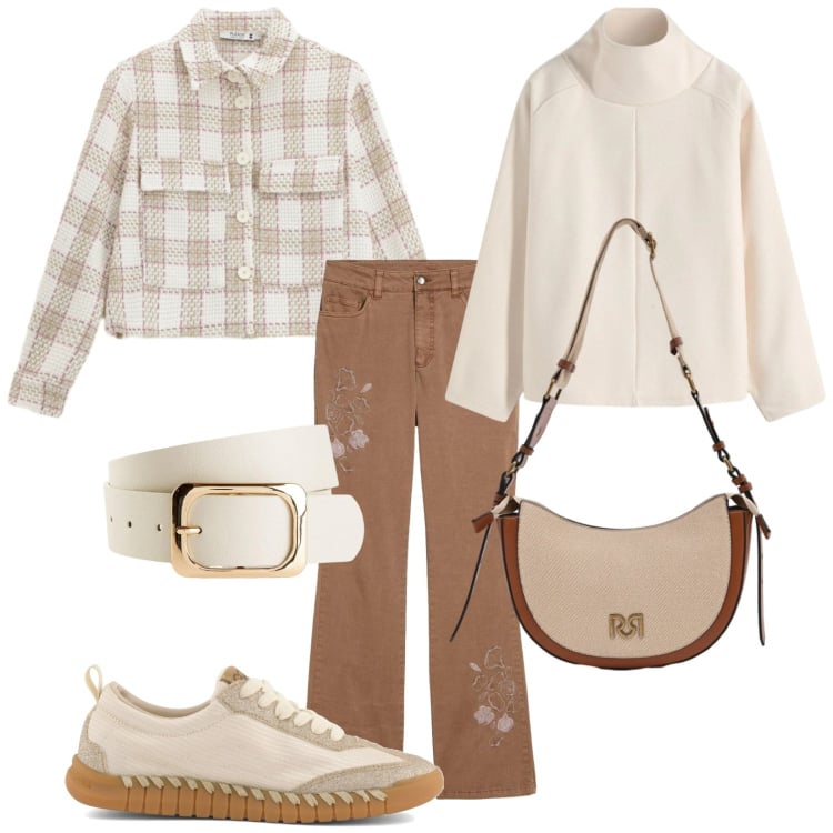 Outfit donna - Terra primavera. Stile Casual per Tutti i giorni. Abbinamento con cinture, maglieria, jeans bootcut, cappotti, borse a tracolla, sneakers.