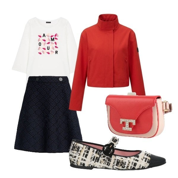 Outfit donna - un buon giorno. Stile Bon Ton per Serata fuori. Abbinamento con marsupi, minigonne, ballerine, t-shirt, blazer.