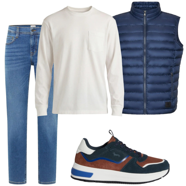 Outfit uomo - Total look #2371423. Stile Casual per Tutti i giorni. Abbinamento con jeans bootcut, t-shirt, sneakers, piumini.