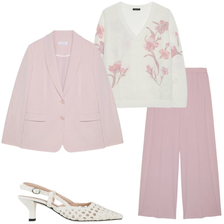 Outfit donna - Stile primaverile curvy. Stile Chic per Cerimonia. Abbinamento con décolleté, pantaloni, blazer, maglieria.