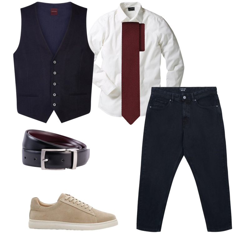 Outfit uomo - Total look #2371429. Stile Trendy per Serata speciale. Abbinamento con camicie, sneakers, cravatte, gilet, jeans dritti, cinture.