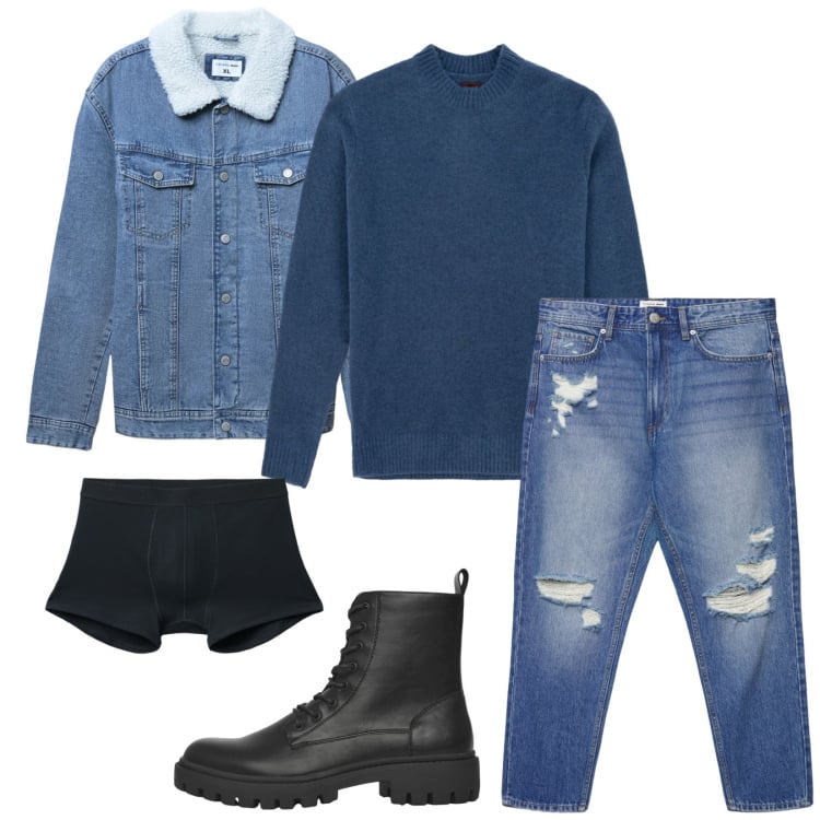 Outfit uomo - Total look #2371431. Stile Trendy per Tutti i giorni. Abbinamento con anfibi, giacche, boxer, maglieria, jeans strappati.